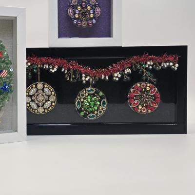  Christmas Hanging Ornament Trio, Red/Green/Gold Red Garland, Black Shadow Box, Glass/Resin