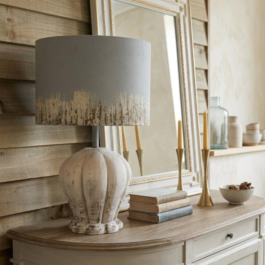 Distressed White Wood Table Lamp with Gray Drum Shade