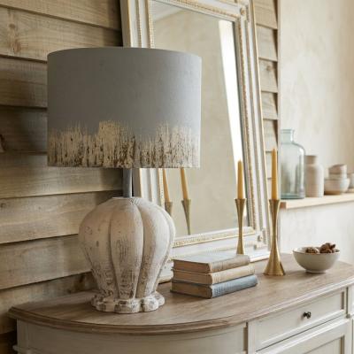 Distressed White Wood Table Lamp with Gray Drum Shade