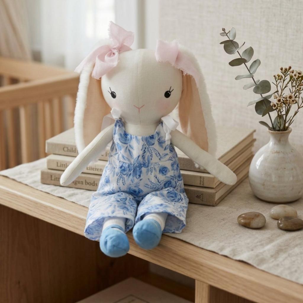 Bunny Doll with Blue Floral Overalls