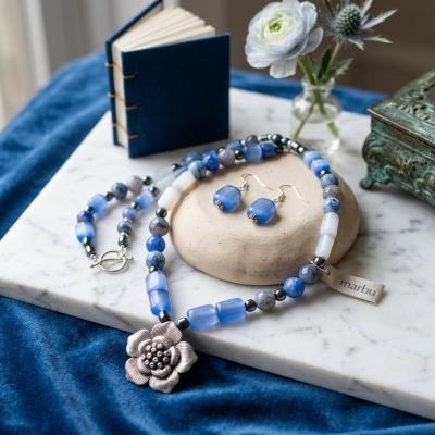 Pewter Flower Blue Glass Jewelry Set