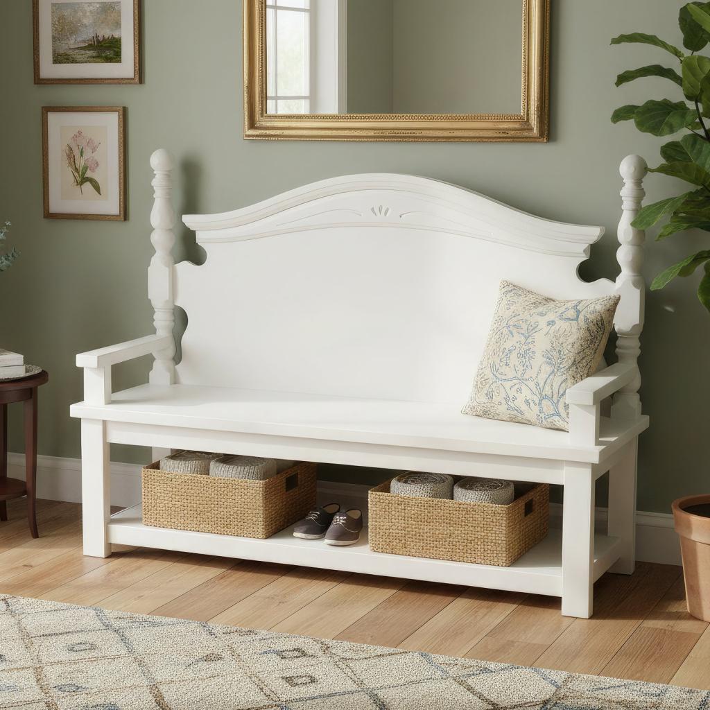 White Hand Made Bench W/ Cubby