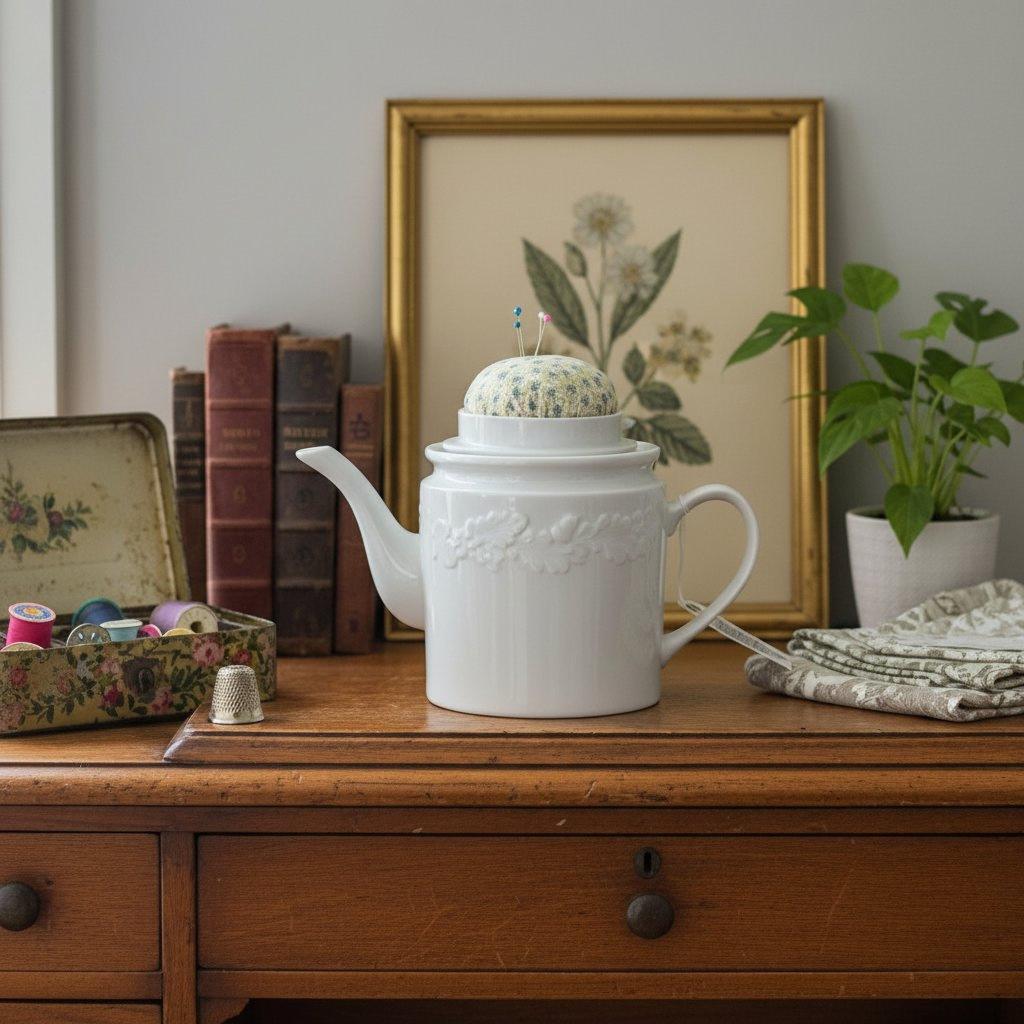 White Teapot Sewing Storage Pincushion