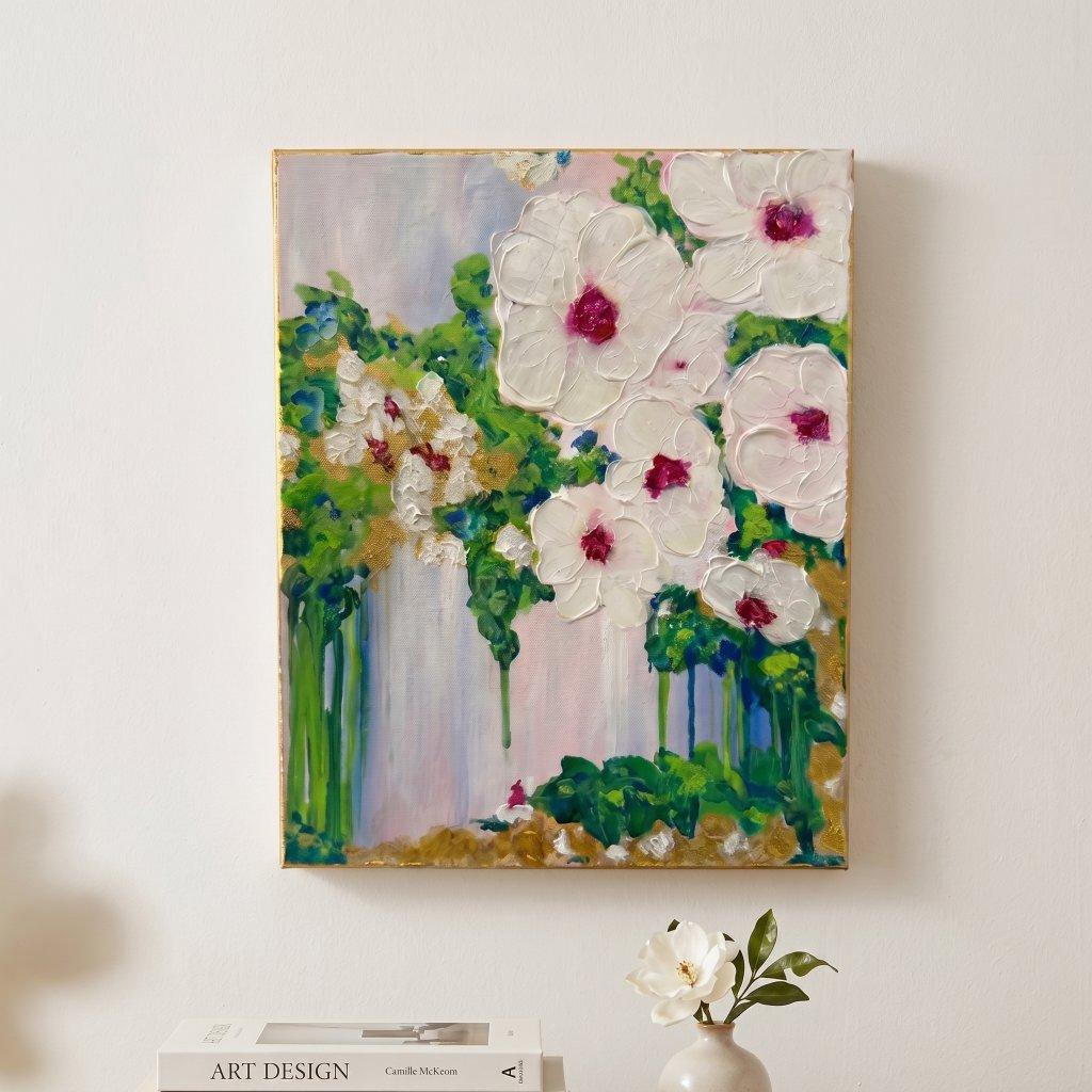 Camille McCarron White Dripping Floral Painting