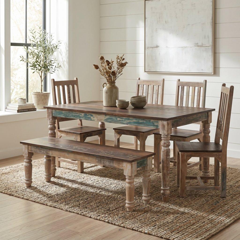 Reclaimed Wood Dining Set Teal Accent