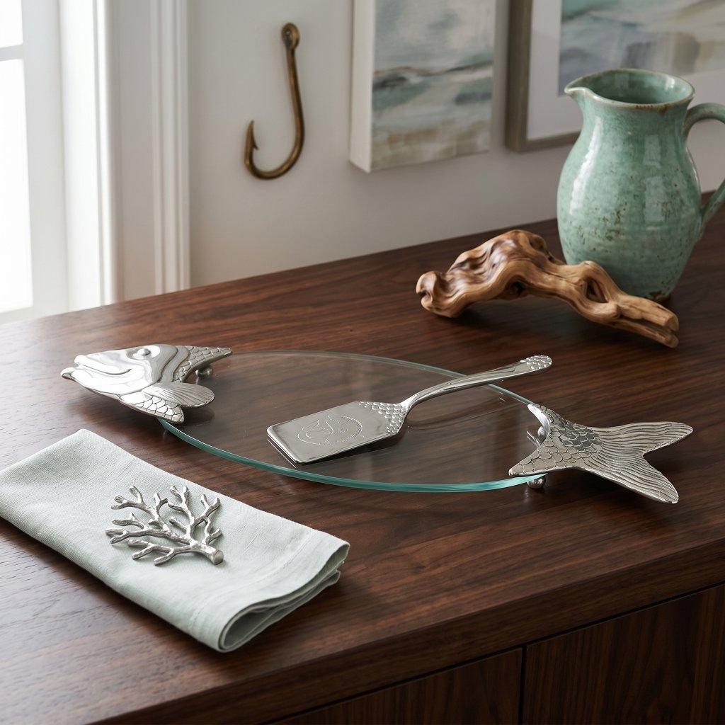 Pewter and Glass Fish Serving Tray with Server