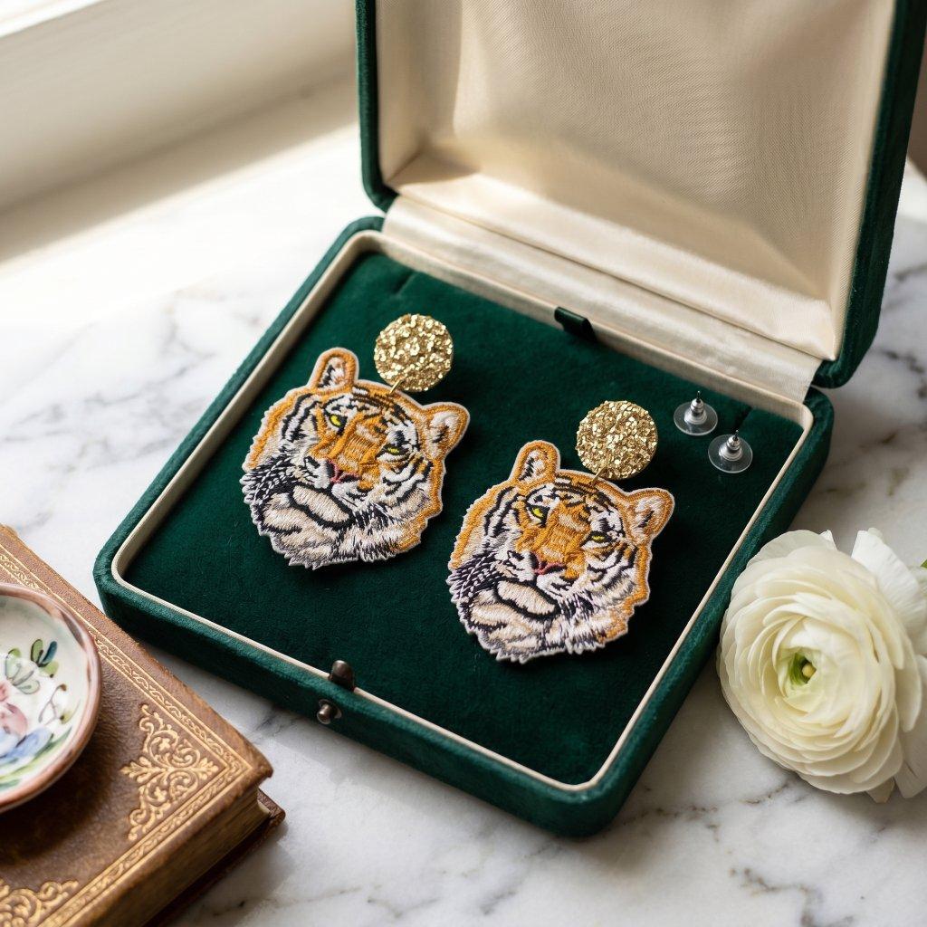 Embroidered Tiger Head Post-Back Earrings