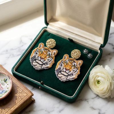 Embroidered Tiger Head Post-Back Earrings