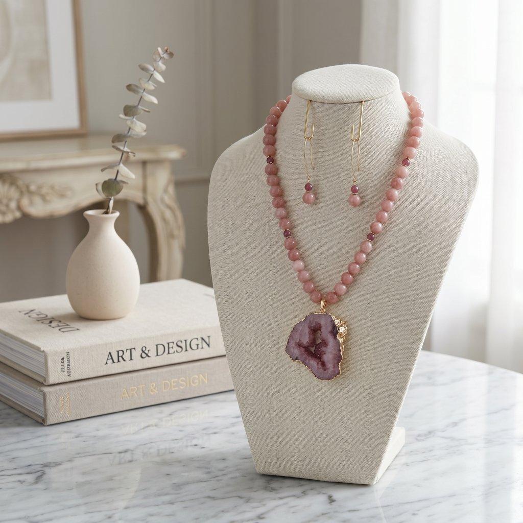 Rose Quartz Geode Necklace Earring Set