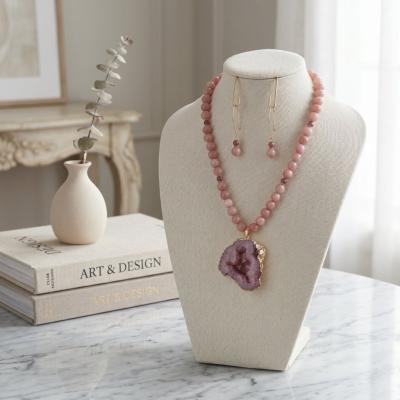 Rose Quartz Geode Necklace Earring Set