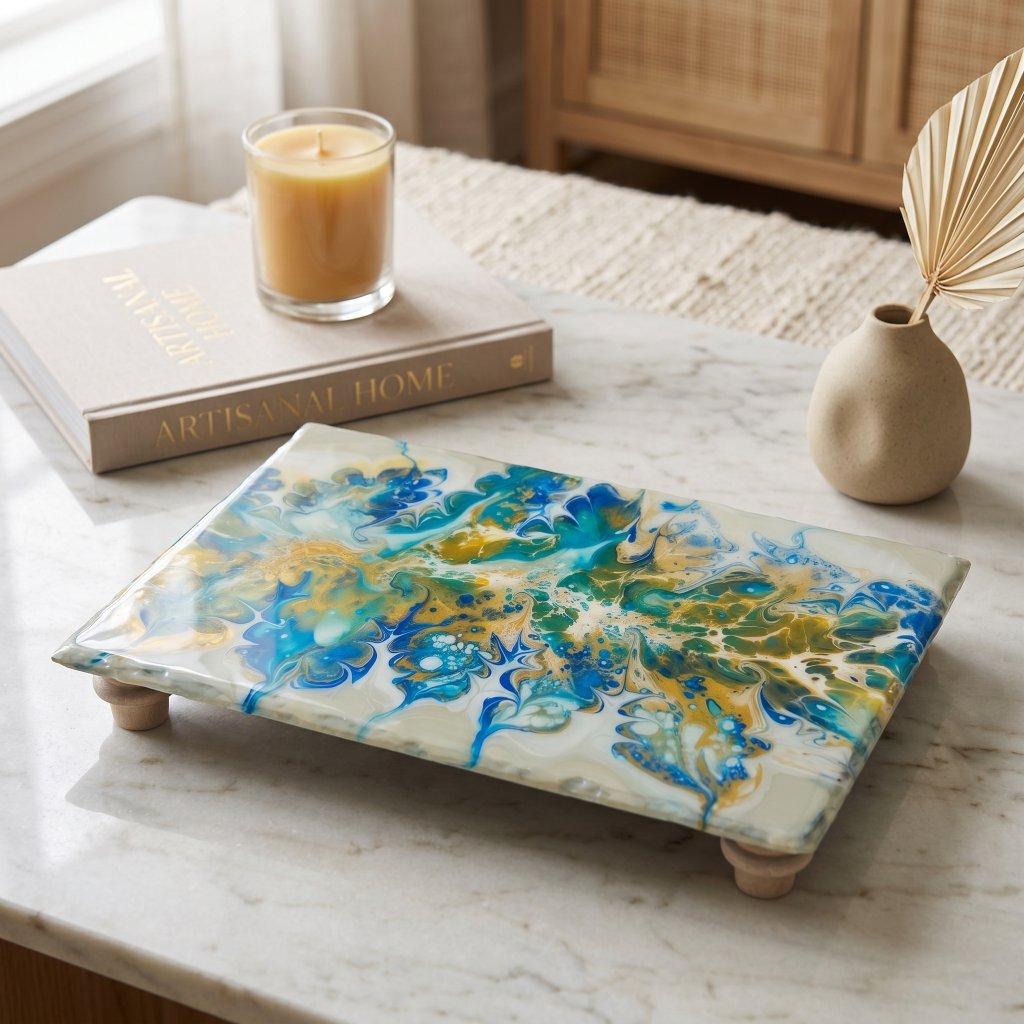 Blue Gold Fluid Art with Resin Wood Trivet
