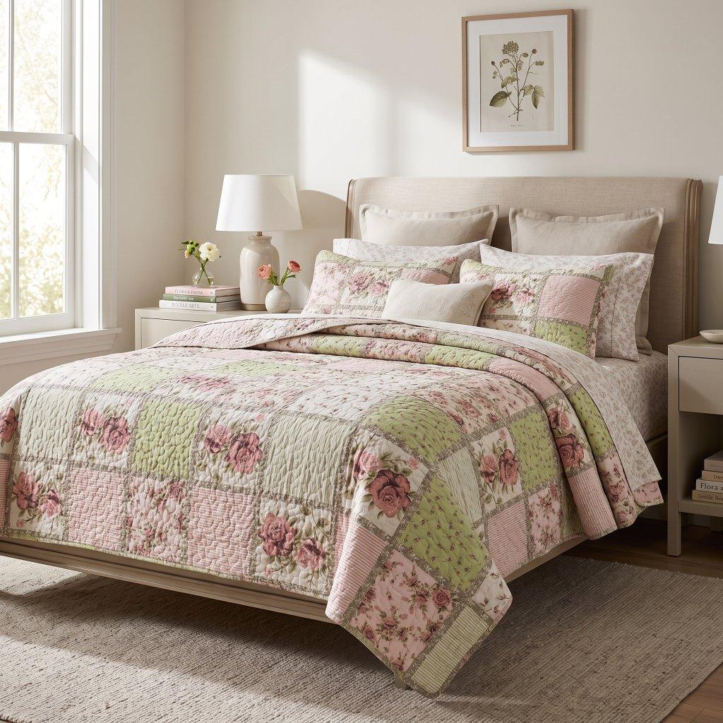 Pink & Green Floral Queen Quilt Set