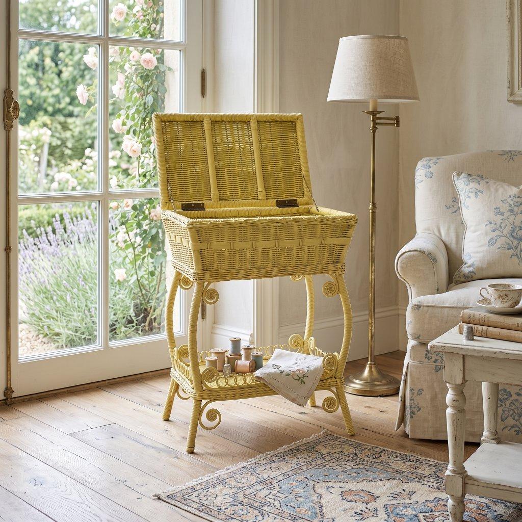 Vintage Pale Yellow Wicker Sewing Stand
