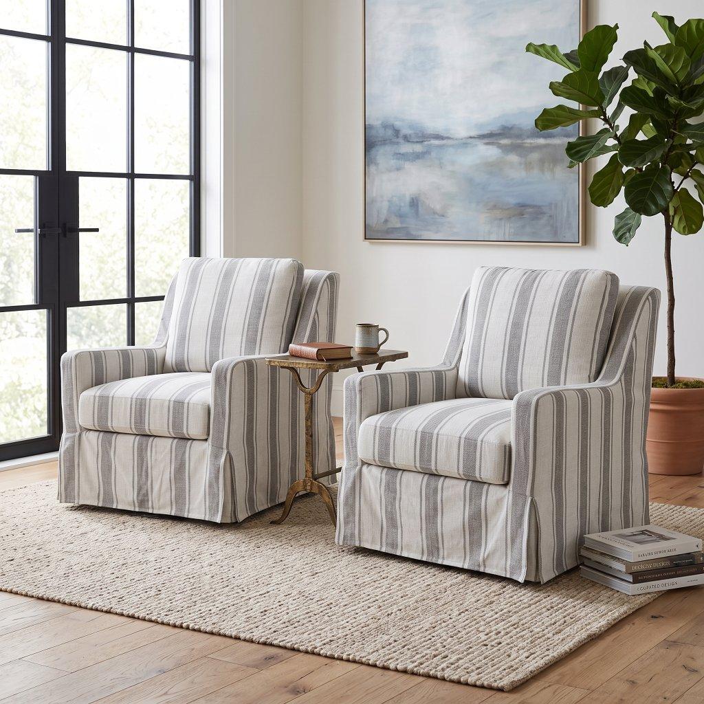 Light Grey Stripe Linen Swivel Chair