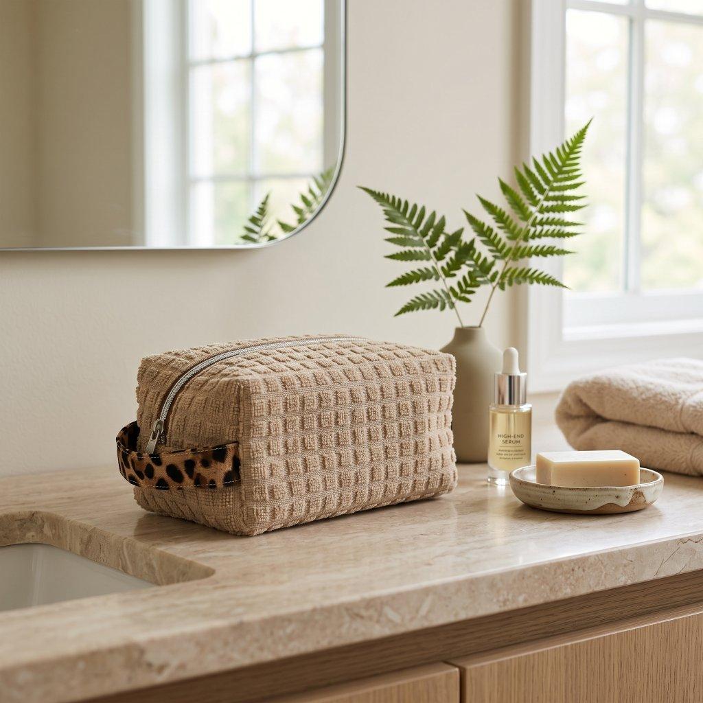 Waffle Weave Cosmetic Pouch with Leopard Trim