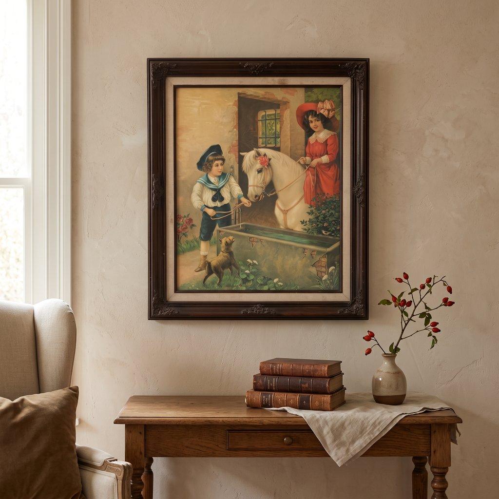 Antique German Children and Pony Lithograph