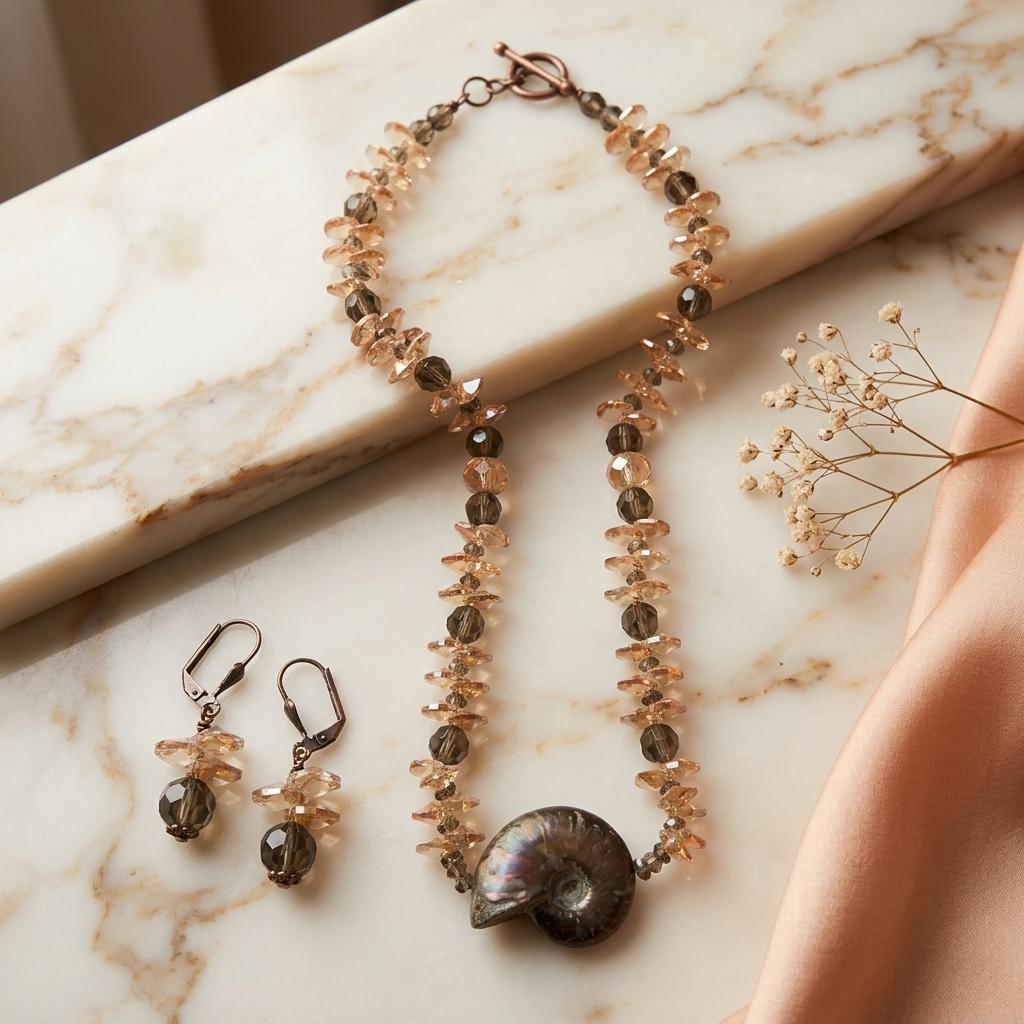 Ammonite Fossil and Crystal Jewelry Set