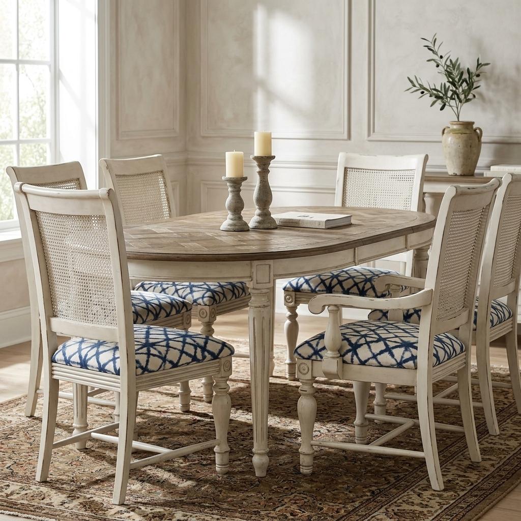 Distressed White Cane Back Dining Chairs