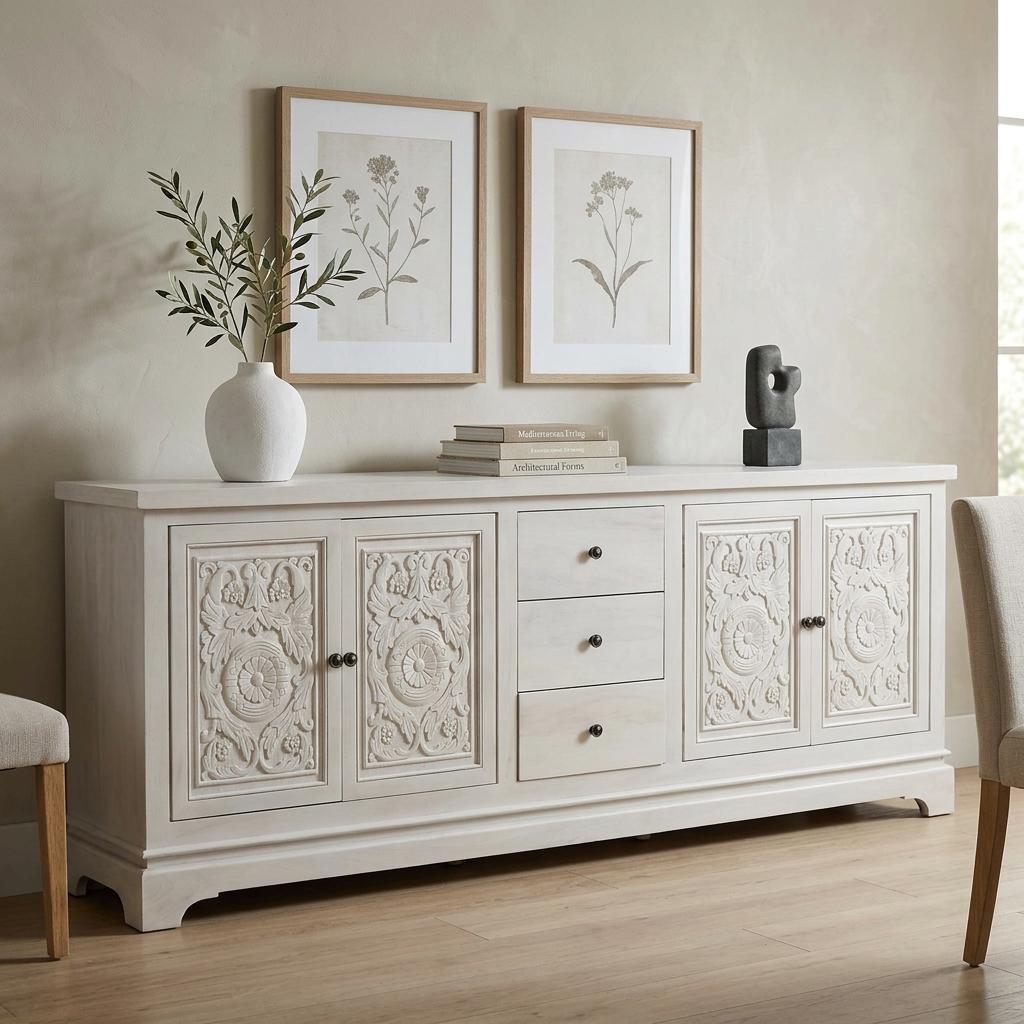 Whitewash Carved Solid Mango Wood Sideboard