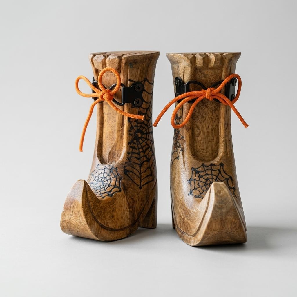 Carved Wooden Witch Boots, Set of 2