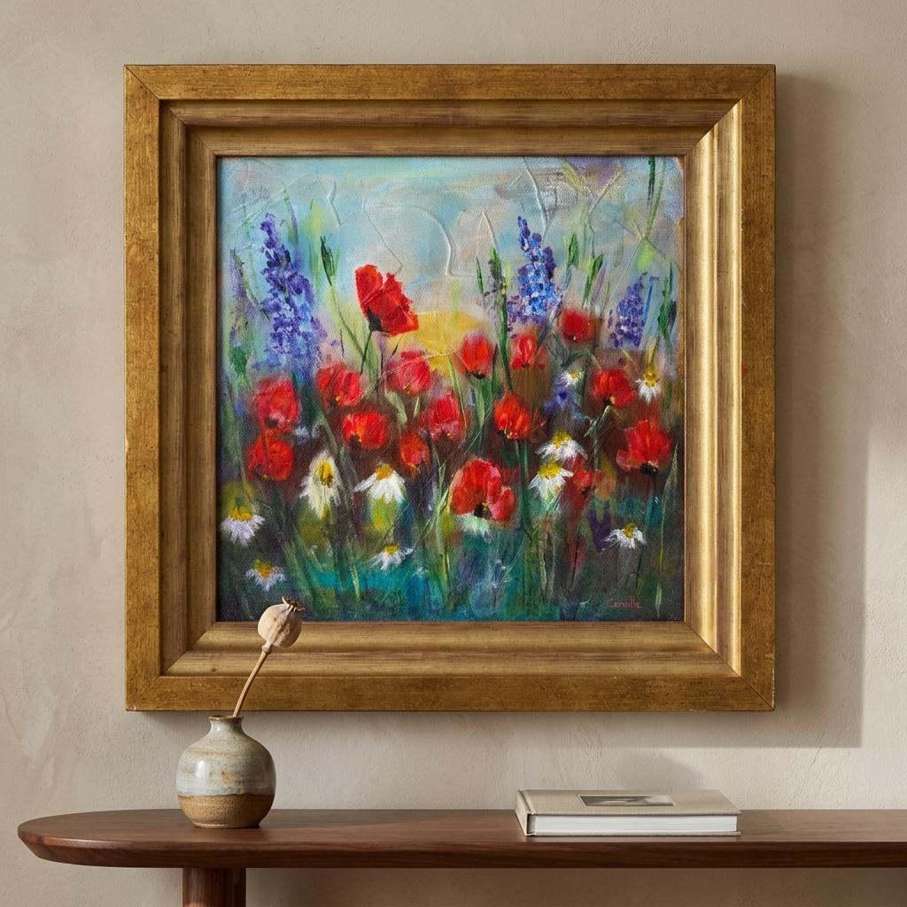 Framed Poppies and Daisies Acrylic Painting