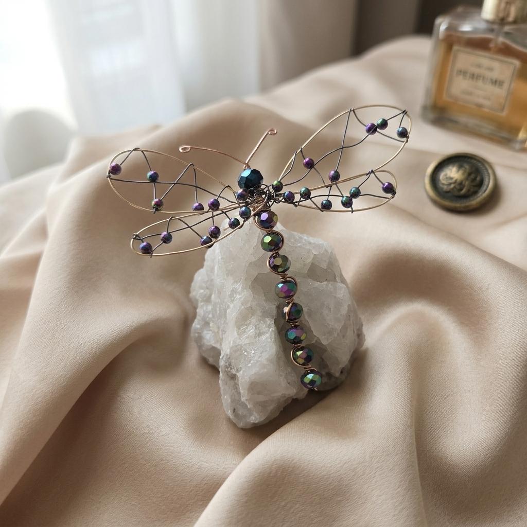 Wire-Wrapped Bead Dragonfly on Quartz Base