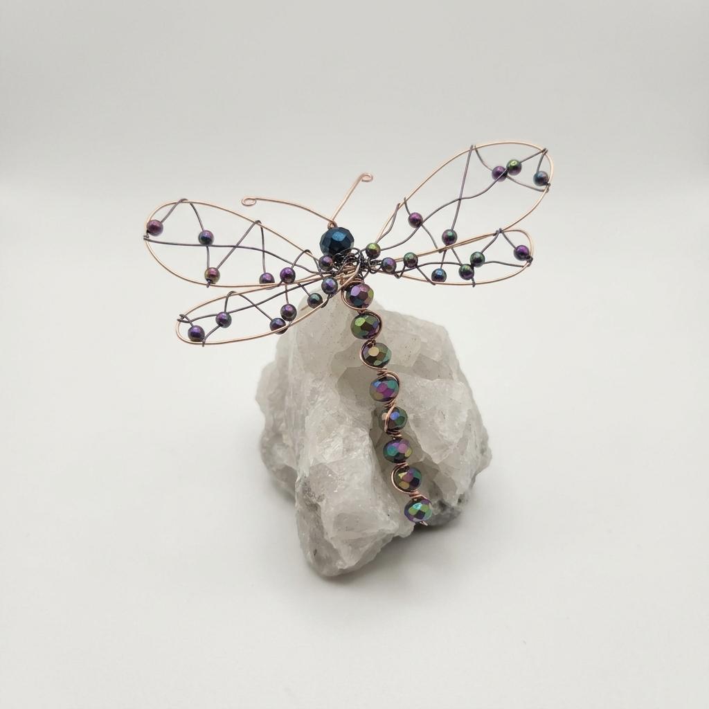 Wire-Wrapped Bead Dragonfly on Quartz Base