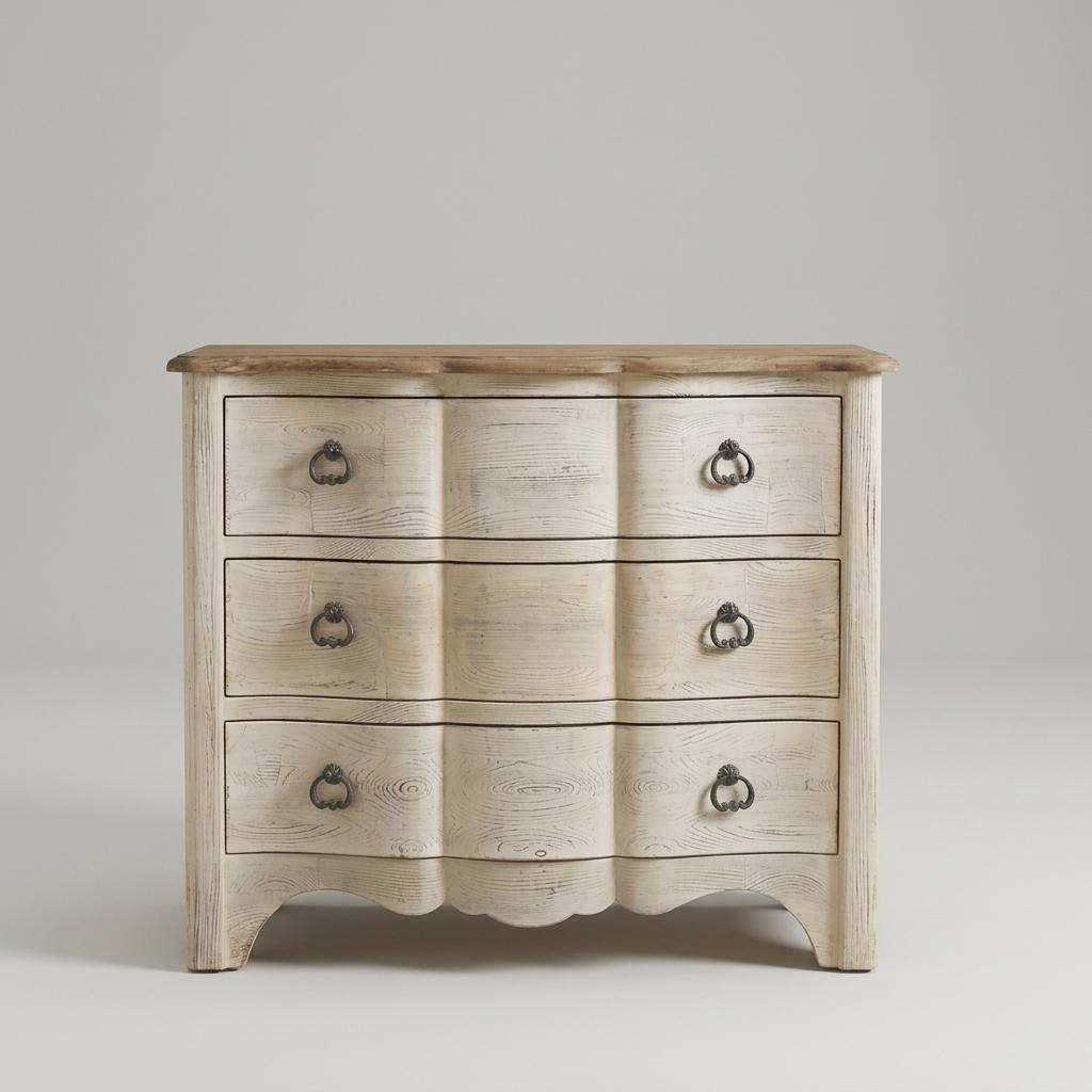 Distressed Cream Serpentine Three-Drawer Chest