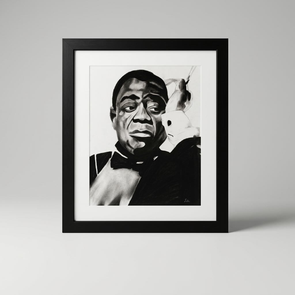 Louis Armstrong Framed Charcoal Drawing