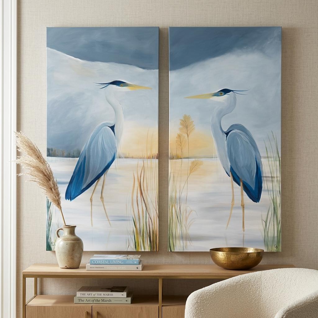 Coastal Marsh Heron Canvas Painting