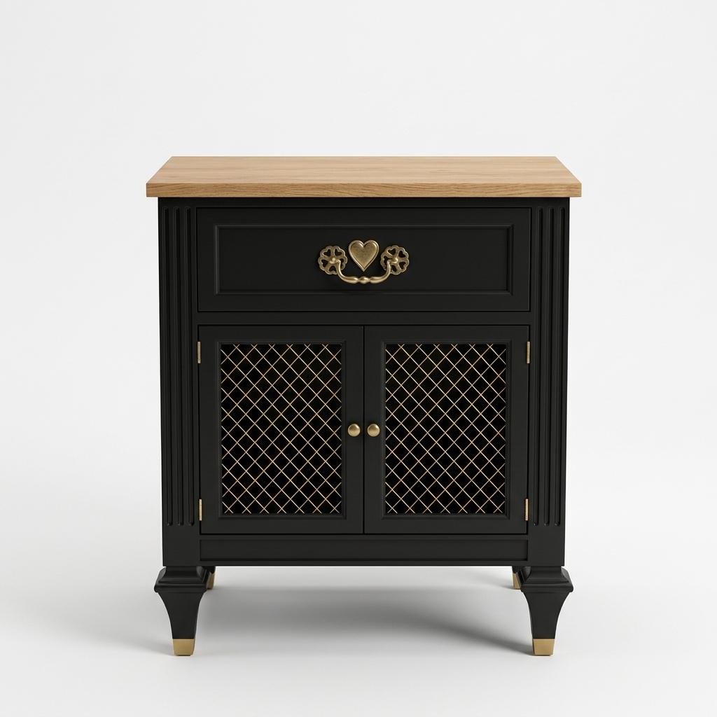Black Mesh Nightstand with Wood Top