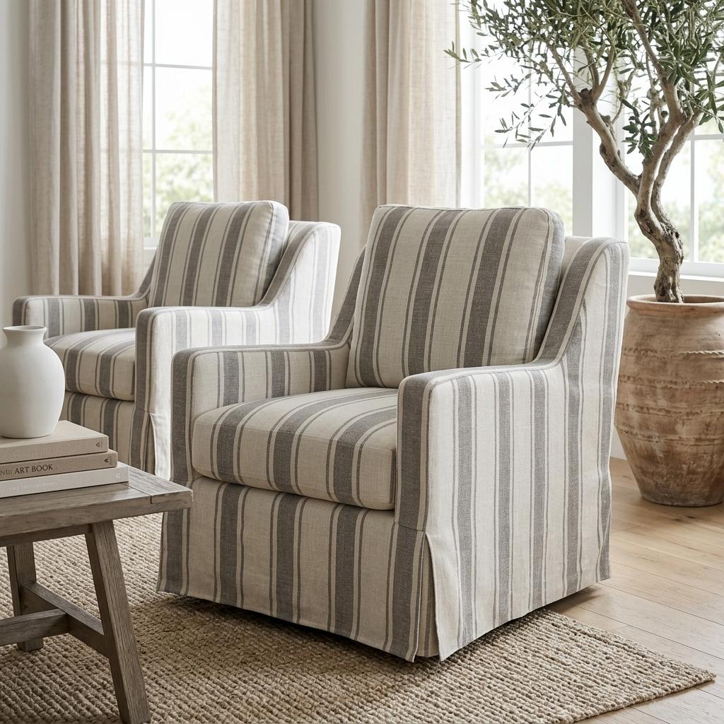 Striped Slipcovered Swivel Armchair