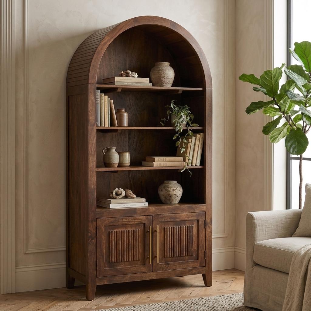 Arched Mango Wood Bookcase Cabinet